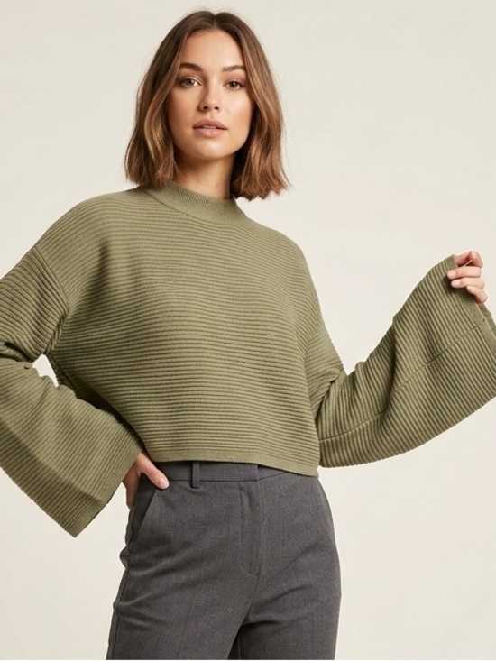 Dynamite Sweaters - Dynamite Olive Green Ribbed Cropped Mock-Neck Sweater